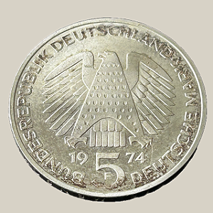 Moeda de prata, 5 Deutsche Mark (1974F) – República Federal da Alemanha (Grundgesetz)
