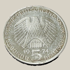 Moeda de prata, 5 Deutsche Mark (1974F) – República Federal da Alemanha (Grundgesetz)