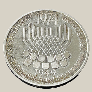 Moeda de prata, 5 Deutsche Mark (1974F) – República Federal da Alemanha (Grundgesetz)
