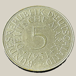 Moeda de prata, 5 Deutsche Mark (1951J) – República Federal da Alemanha (Tipo A)