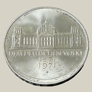 Moeda de prata, 5 Deutsche Mark (1971G) – República Federal da Alemanha (100 Anos)