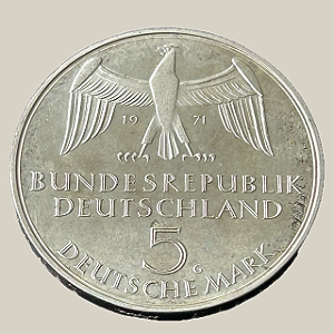 Moeda de prata, 5 Deutsche Mark (1971G) – República Federal da Alemanha (100 Anos)