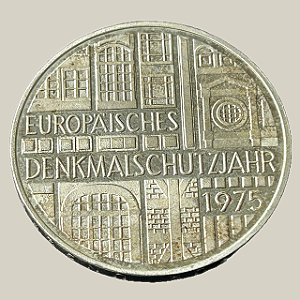 Moeda de prata, 5 Deutsche Mark (1975F) – República Federal da Alemanha (Denkmalschutzjahr)