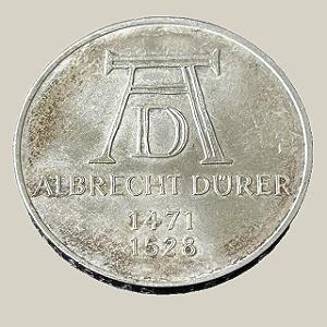 Moeda de prata, 5 Deutsche Mark (1971D) – República Federal da Alemanha (Albrecht Dürer)