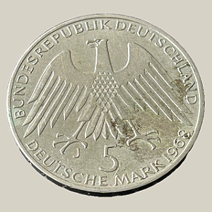 Moeda de prata, 5 Deutsche Mark (1968J) – República Federal da Alemanha (Raiffeisen)