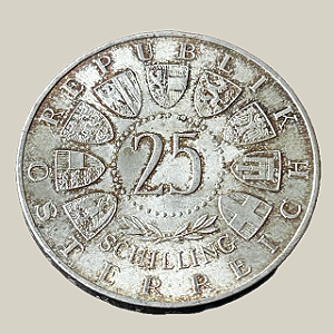 Moeda de prata, 25 Schilling (1958) – Áustria (Welsbach)