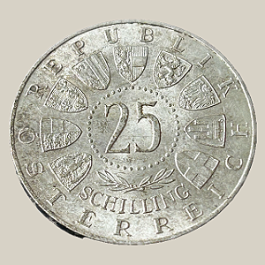 Moeda de prata, 25 Schilling (1958) – Áustria (Welsbach)