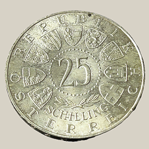 Moeda de prata, 25 Schilling (1958) – Áustria (Welsbach)