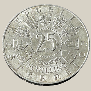Moeda de prata, 25 Schilling (1958) – Áustria (Welsbach)