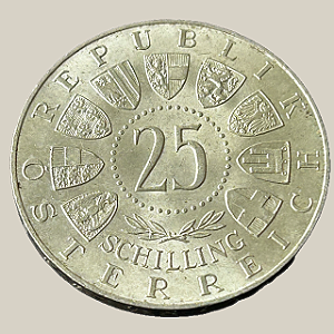 Moeda de prata, 25 Schilling (1958) – Áustria (Welsbach)