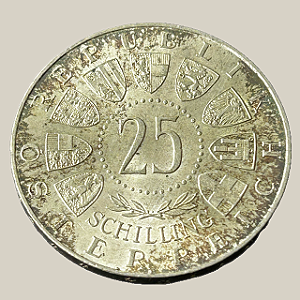 Moeda de prata, 25 Schilling (1957) – Áustria (Mariazell)