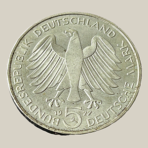 Moeda de prata, 5 Deutsche Mark (1977J) – República Federal da Alemanha (Gauss)