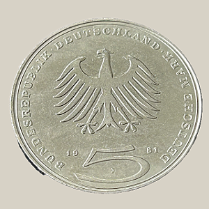 Moeda de níquel, 5 Deutsche Mark (1981J) – República Federal da Alemanha (Lessing)