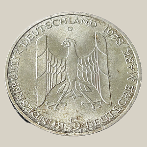 Moeda de prata, 5 Deutsche Mark (1978D) – República Federal da Alemanha (Gustav Stresemann)