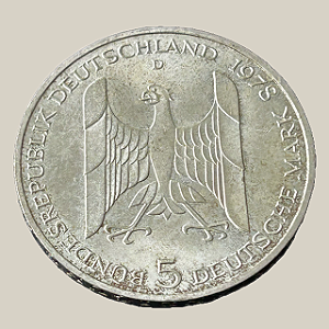 Moeda de prata, 5 Deutsche Mark (1978D) – República Federal da Alemanha (Gustav Stresemann)