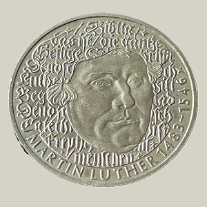 Moeda de níquel, 5 Deutsche Mark (1983G) – República Federal da Alemanha (Martin Luther)