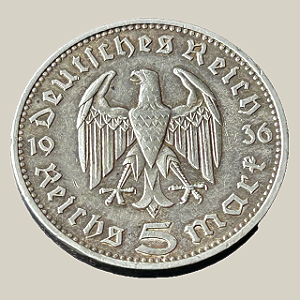 Moeda de prata, 5 Reichsmark (1936F) – Alemanha Nazista (Hindenburg)