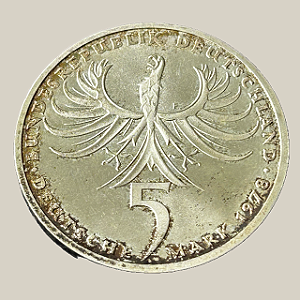 Moeda de prata, 5 Deutsche Mark (1978F) – República Federal da Alemanha (Balthasar Neumann)