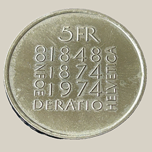 Moeda de níquel, 5 Francs (1974) – Suíça (Constituição)