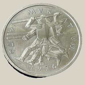 Moeda de níquel, 5 Francs (1976) – Suíça (500 Anos da Batalha de Morat/Murten)