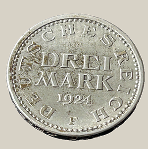 Moeda de prata, 3 Mark (1924F) – República de Weimar