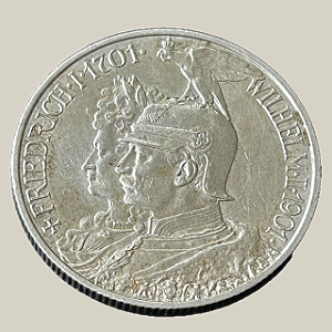 Moeda de prata, 2 Mark (1901A) – Reino da Prússia (Comemorativa: 200º Aniversário do Reino)