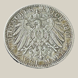 Moeda de prata, 2 Mark (1901A) – Reino da Prússia (Comemorativa: 200º Aniversário do Reino)