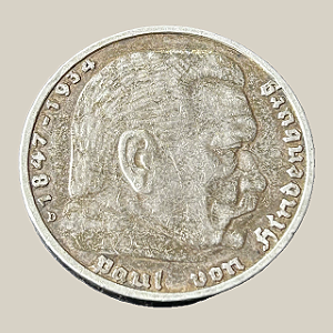 Moeda de prata, 5 Reichsmark (1935D) – Alemanha Nazista (Paul von Hindenburg)