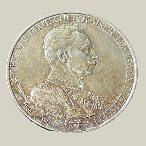Moeda de prata, 3 Mark (1913A) – Reino da Prússia (Comemorativa: 25º Aniversário de Reinado de Guilherme II)