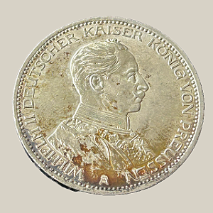 Moeda de prata, 3 Mark (1914A) – Reino da Prússia (Império Alemão: Guilherme II)