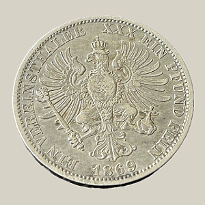 Moeda de prata, 1 Vereinsthaler (1869A) – Reino da Prússia (Guilherme I)