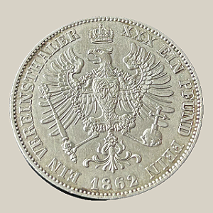 Moeda de prata, 1 Vereinsthaler (1862A) – Reino da Prússia (Guilherme I)