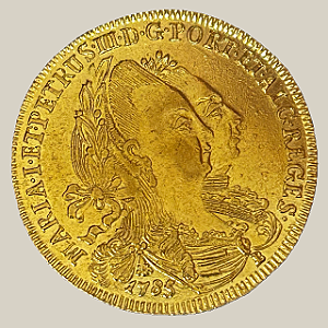 Moeda de ouro, 6.400 Réis (1785 B), Brasil Colônia, Maria I e Pedro III