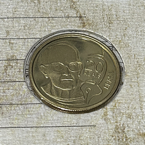 Moeda de ouro, 20 Reais (2002), Brasil, Centenário de Carlos Drummond de Andrade