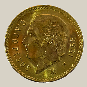 Moeda de ouro, 5 Pesos, México, 1955 M (Reestrike)