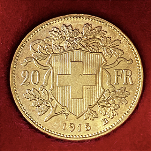 Moeda de Ouro de 20 Francos "Vreneli", Suíça - Ano: 1915B