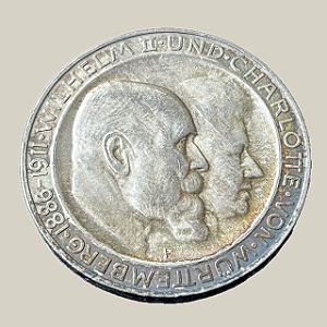 Moeda de prata, 3 Mark (1911F) – Bodas de Prata de Guilherme II e Augusta Vitória – Reino de Württemberg