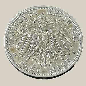 Moeda de prata, 3 Mark (1911F) – Bodas de Prata de Guilherme II e Augusta Vitória – Reino de Württemberg
