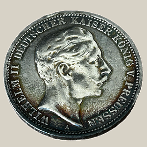 Moeda de prata, 3 Mark (1912A) – Guilherme II – Reino da Prússia