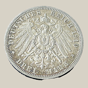 Moeda de prata, 3 Mark (1910A) – Guilherme II – Reino da Prússia