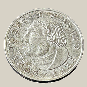 Moeda de prata, 2 Reichsmark (1933A) – 450 Anos do Nascimento de Martinho Lutero – Alemanha