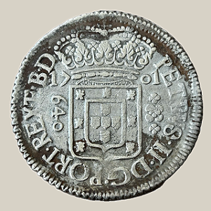 Moeda de prata, 640 Réis (1701P) – D. Pedro II – Variante REX · E · B · D – Coroa com Florões – Brasil Colônia