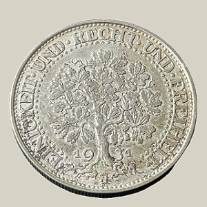 Moeda de prata, 5 Reichsmark (1931J) – Carvalho – República de Weimar