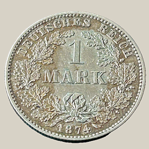 Moeda de prata, 1 Mark (1874F) – Guilherme I – Tipo 1 – Escudo Grande / Águia Pequena – Império Alemão