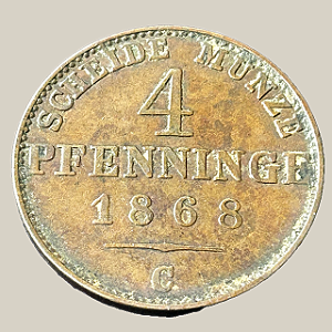 Moeda de cobre, 4 Pfennige (1868C) – Guilherme I – Reino da Prússia