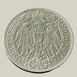 Moeda de níquel, 25 Pfennigs (1910A) – Wilhelm II – Império Alemão