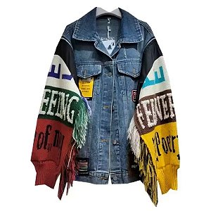 Jaqueta Feminina Jeans Azul Com Franjas Mangas Emendadas