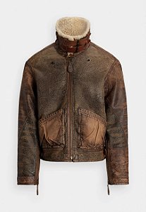 Jaqueta Bomber Polo Ralph Lauren em Lã de Carneiro com Detalhes em Couro Marrom