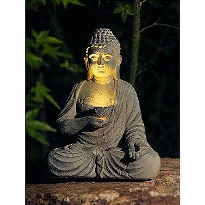 Estátua Buda de Resina com Luz Solar Automática - Decoração Zen