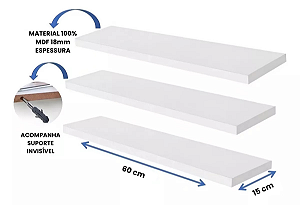 Kit 3 prateleiras Brancas 60x15 invisível 18mm 100% MDF